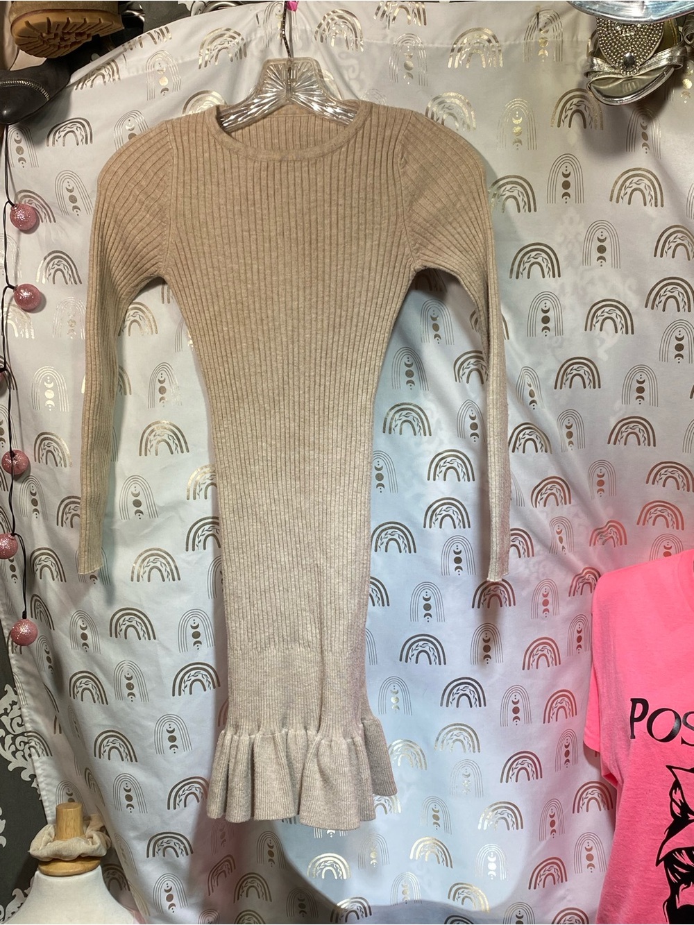 SHEIN Beige Ribbed Knit Sweater Dress with Ruffle Hem